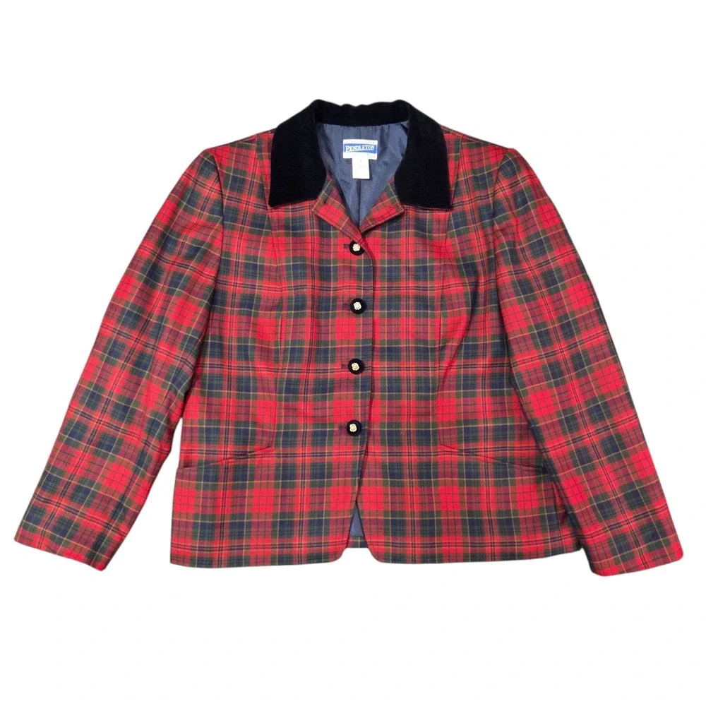 Vtg Pendleton Blazer Womens Petite 16 Red Tartan Plaid Virgin Wool Made USA 90s